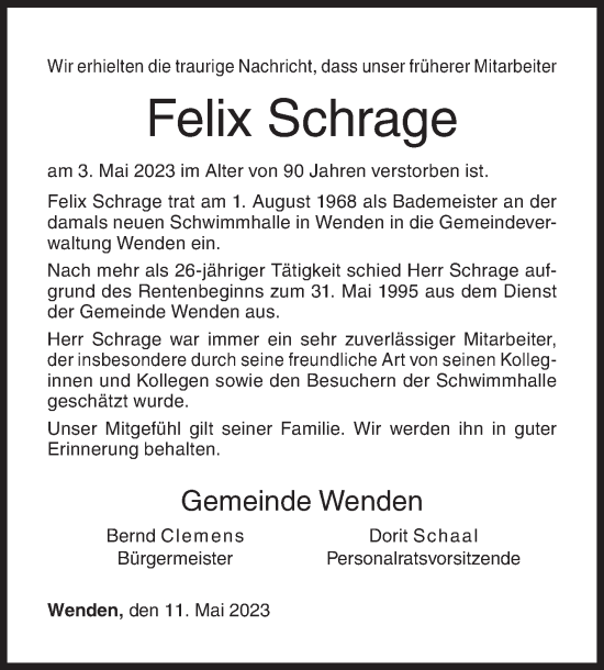 Traueranzeige von Felix Schrage von Siegener Zeitung