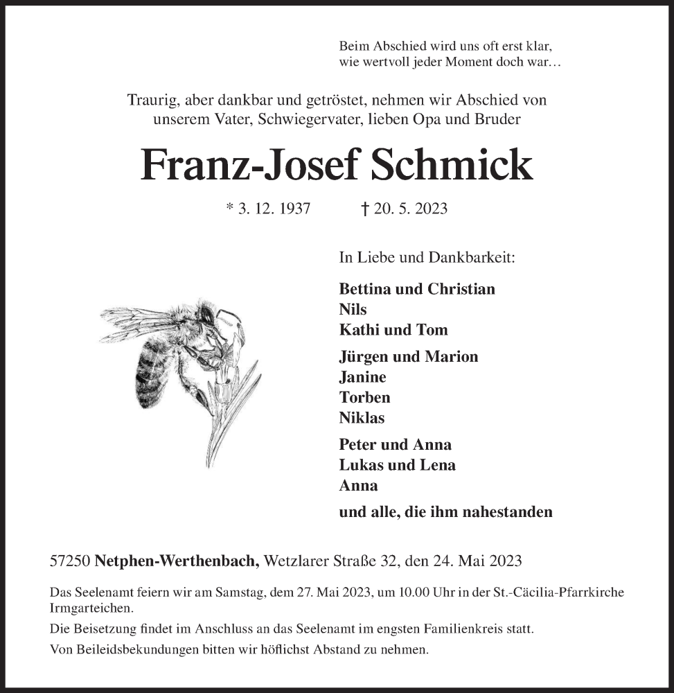  Traueranzeige für Franz-Josef Schmick vom 24.05.2023 aus Siegener Zeitung