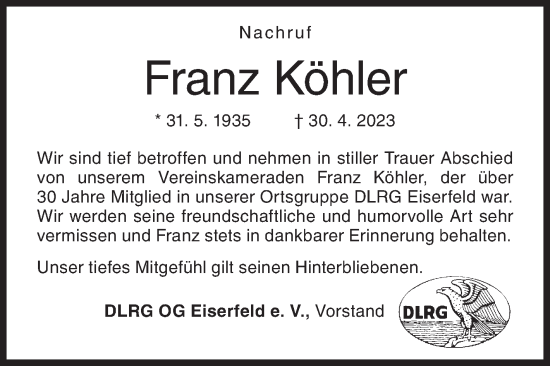 Traueranzeige von Franz Köhler von Siegener Zeitung