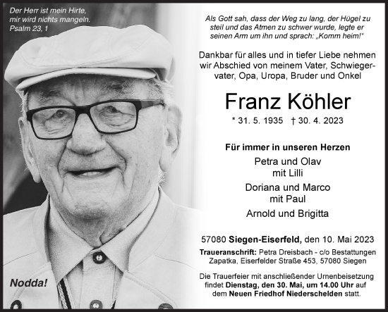 Traueranzeige von Franz Köhler von Siegener Zeitung