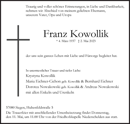 Traueranzeige von Franz Kowollik von Siegener Zeitung