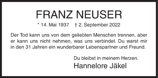 Traueranzeige von Franz Neuser von Siegener Zeitung
