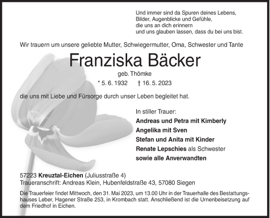 Traueranzeige von Franziska Bäcker von Siegener Zeitung