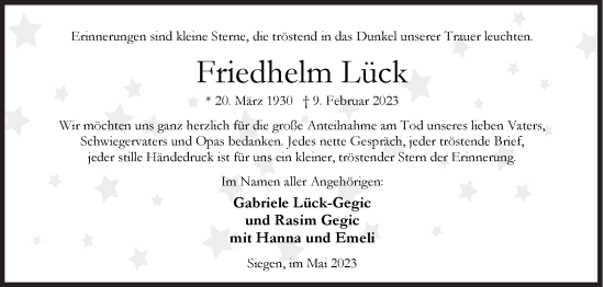 Traueranzeige von Friedhelm Lück von Siegener Zeitung