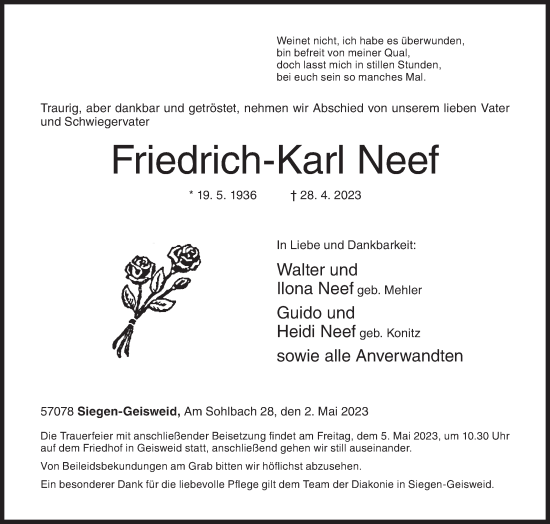 Traueranzeige von Friedrich-Karl Neef von Siegener Zeitung