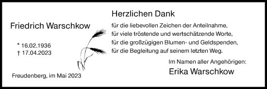 Traueranzeige von Friedrich Warschkow von Siegener Zeitung