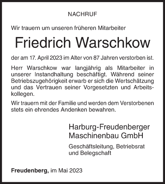 Traueranzeige von Friedrich Warschkow von Siegener Zeitung
