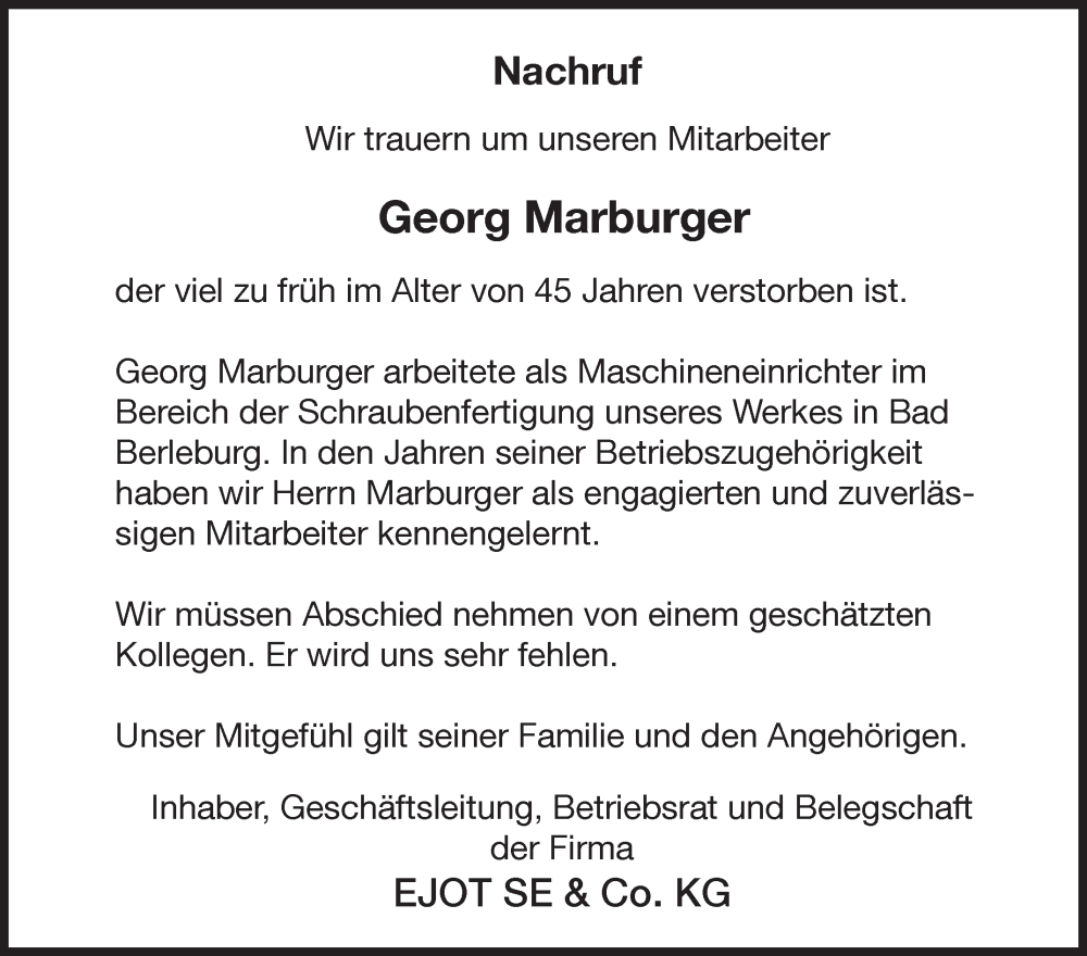  Traueranzeige für Georg Marburger vom 31.05.2023 aus Siegener Zeitung