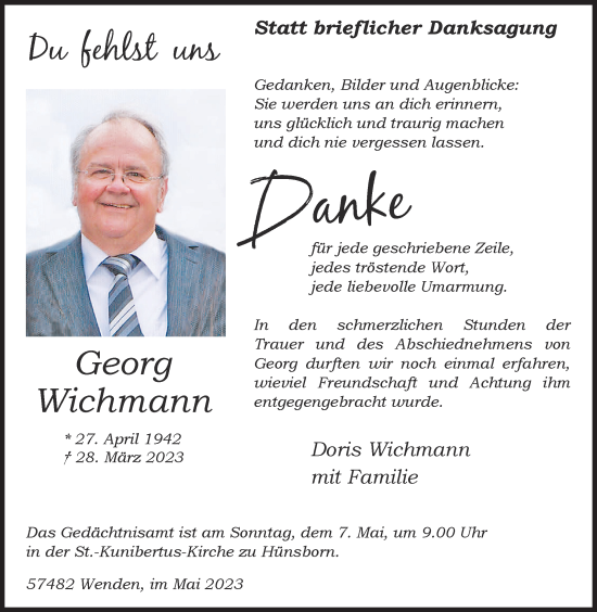 Traueranzeige von Georg Wichmann von Siegener Zeitung