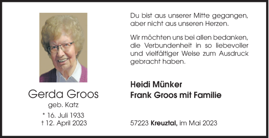 Traueranzeige von Gerda Groos von Siegener Zeitung