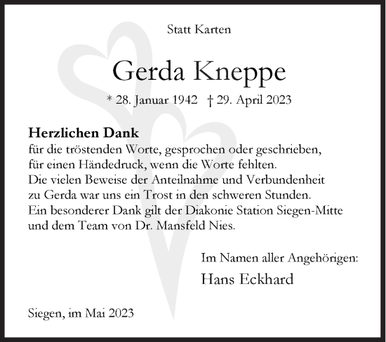 Traueranzeige von Gerda Kneppe von Siegener Zeitung