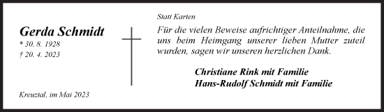 Traueranzeige von Gerda Schmidt von Siegener Zeitung