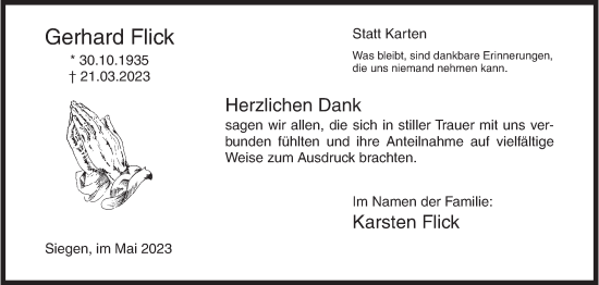 Traueranzeige von Gerhard Flick von Siegener Zeitung