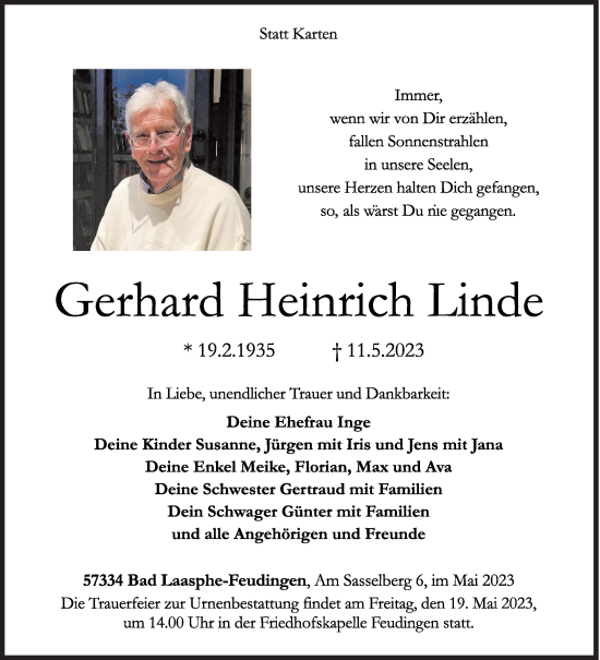 Traueranzeige von Gerhard Heinrich Linde von Siegener Zeitung