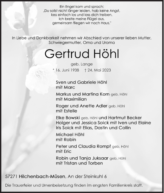 Traueranzeige von Gertrud Höhl von Siegener Zeitung