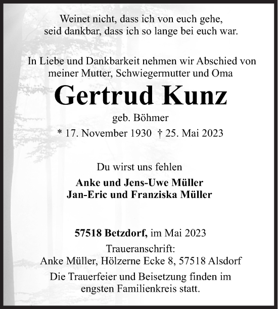 Traueranzeige von Gertrud Kunz von Siegener Zeitung
