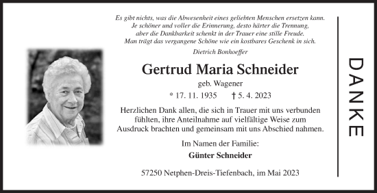 Traueranzeige von Gertrud Maria Schneider von Siegener Zeitung