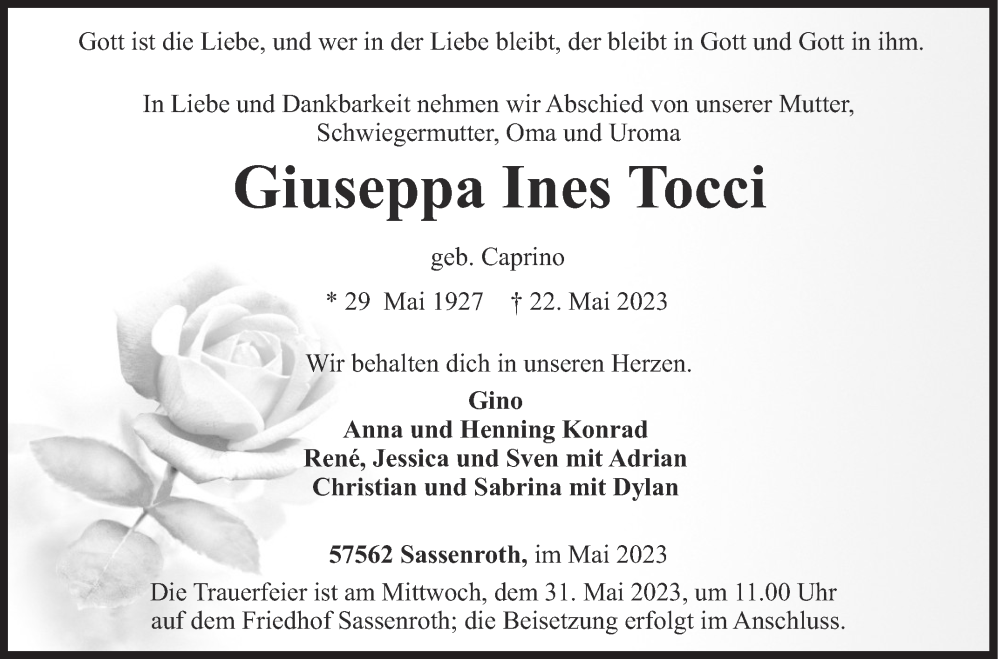  Traueranzeige für Giuseppa Ines Tocci vom 26.05.2023 aus Siegener Zeitung