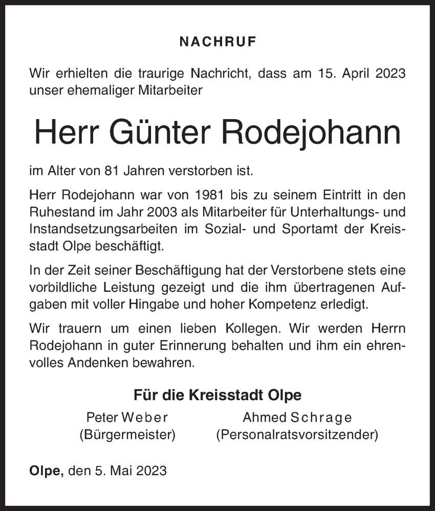  Traueranzeige für Günter Rodejohann vom 05.05.2023 aus Siegener Zeitung
