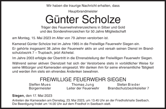 Traueranzeige von Günter Scholze von Siegener Zeitung