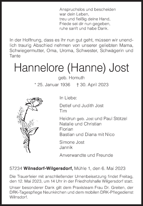 Traueranzeige von Hannelore Jost von Siegener Zeitung
