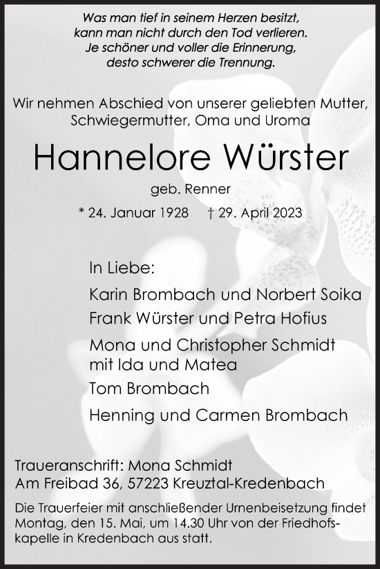 Traueranzeige von Hannelore Würster von Siegener Zeitung