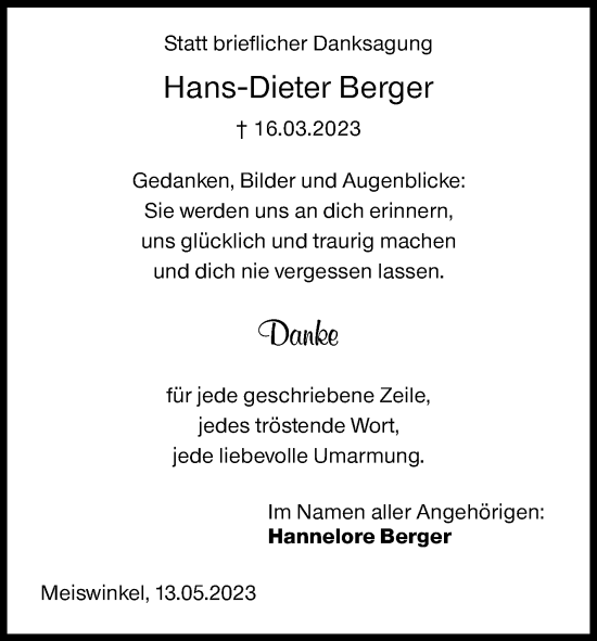 Traueranzeige von Hans-Dieter Berger von Siegener Zeitung