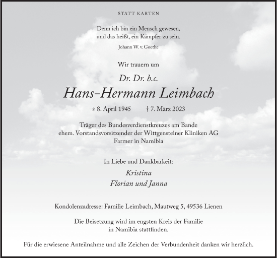 Traueranzeige von Hans-Hermann Leimbach von Siegener Zeitung