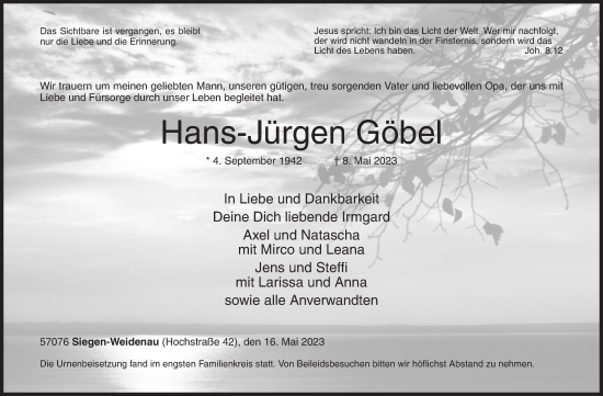Traueranzeige von Hans-Jürgen Göbel von Siegener Zeitung