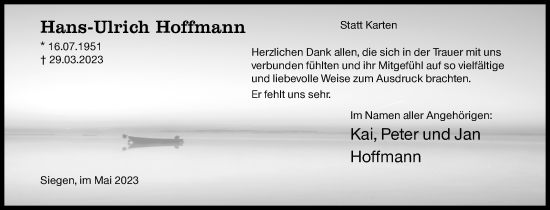 Traueranzeige von Hans-Ulrich Hoffmann von Siegener Zeitung