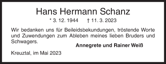 Traueranzeige von Hans Hermann Schanz von Siegener Zeitung
