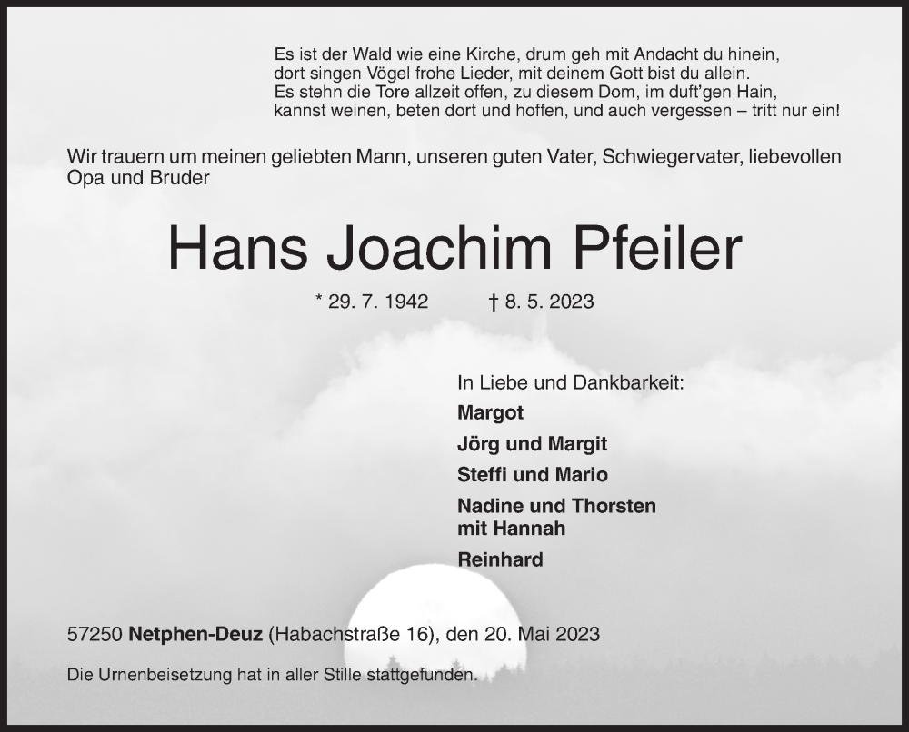  Traueranzeige für Hans Joachim Pfeiler vom 20.05.2023 aus Siegener Zeitung