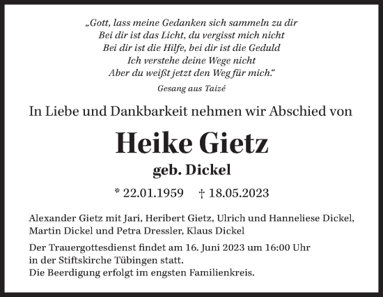 Traueranzeige von Heike Gietz von Siegener Zeitung