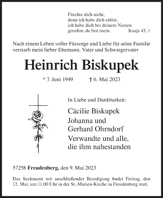 Traueranzeige von Heinrich Biskupek von Siegener Zeitung