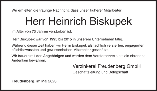 Traueranzeige von Heinrich Biskupek von Siegener Zeitung