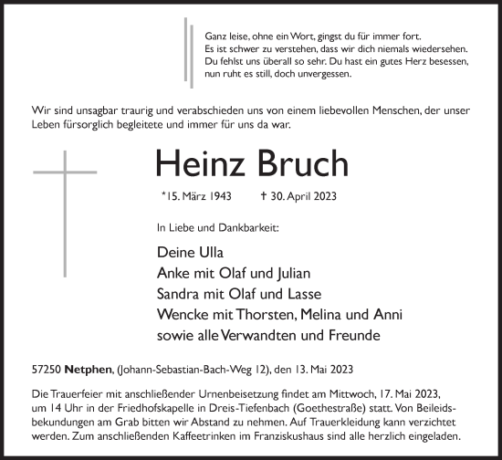 Traueranzeige von Heinz Bruch von Siegener Zeitung