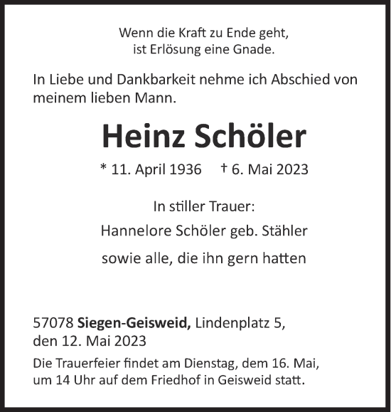 Traueranzeige von Heinz Schöler von Siegener Zeitung