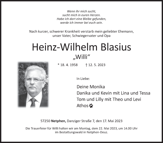 Traueranzeige von Heinz-Wilhelm Blasius von Siegener Zeitung