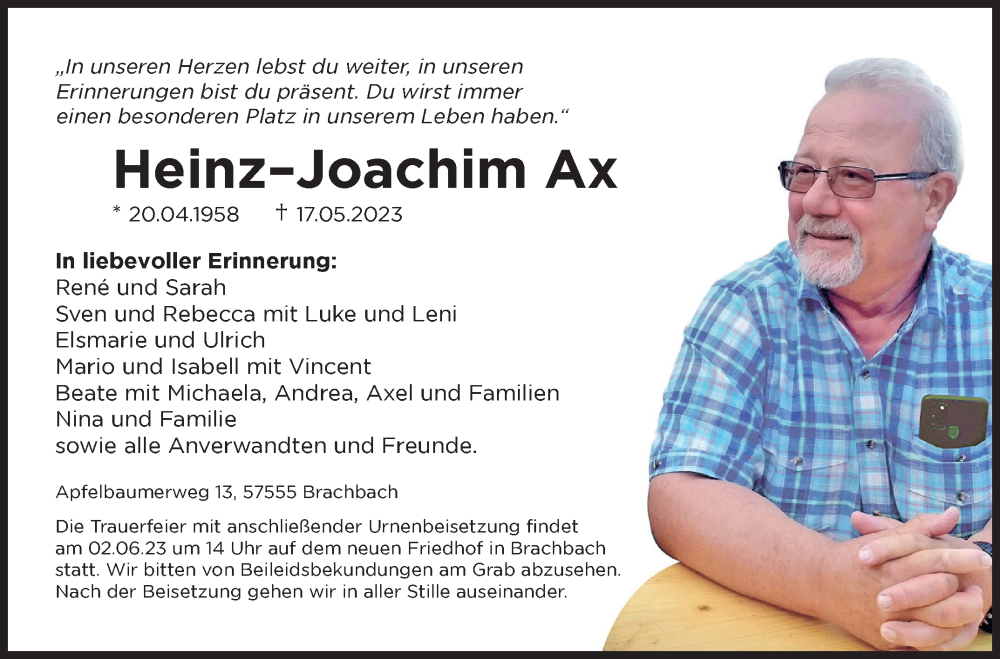  Traueranzeige für Heinz–Joachim Ax vom 27.05.2023 aus Siegener Zeitung