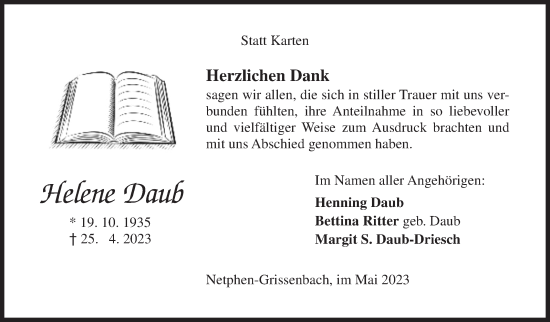 Traueranzeige von Helene Daub von Siegener Zeitung