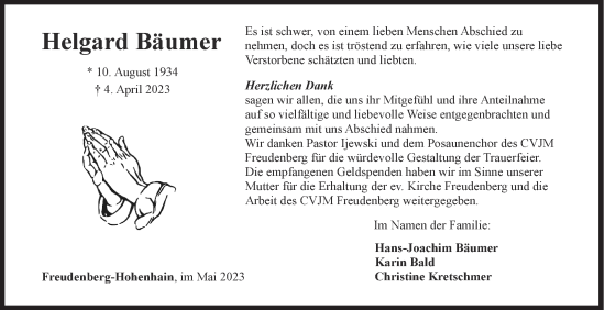 Traueranzeige von Helgard Bäumer von Siegener Zeitung