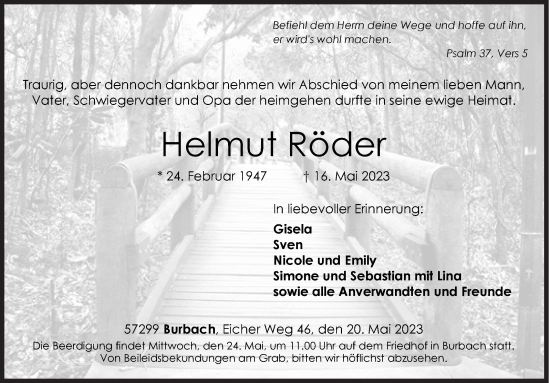 Traueranzeige von Helmut Röder von Siegener Zeitung