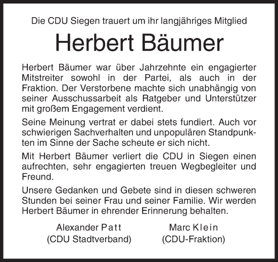Traueranzeige von Herbert Bäumer von Siegener Zeitung