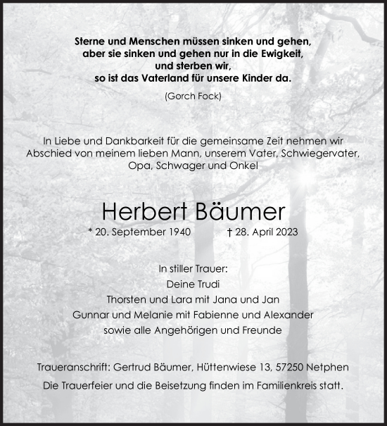 Traueranzeige von Herbert Bäumer von Siegener Zeitung