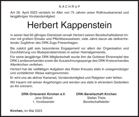 Traueranzeige von Herbert Kappenstein von Siegener Zeitung