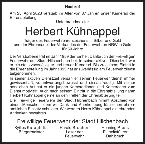 Traueranzeige von Herbert Kühnappel von Siegener Zeitung
