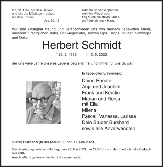 Traueranzeige von Herbert Schmidt von Siegener Zeitung
