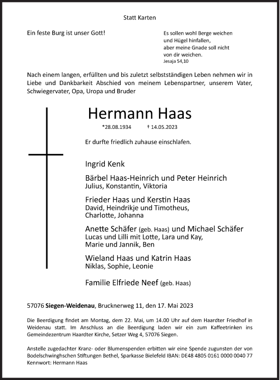 Traueranzeige von Hermann Haas von Siegener Zeitung
