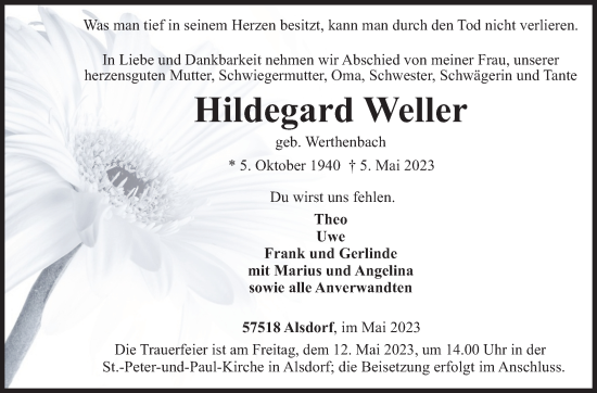 Traueranzeige von Hildegard Weller von Siegener Zeitung