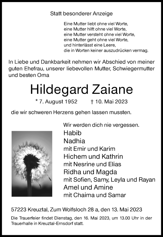 Traueranzeige von Hildegard Zaiane von Siegener Zeitung